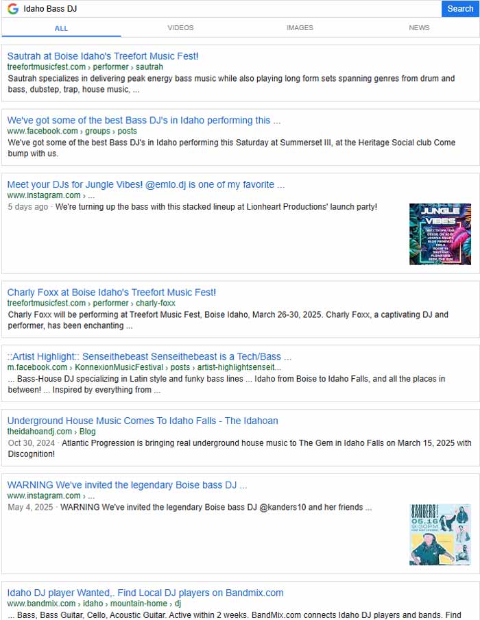 May 20, 2025 Google Search Results for Idaho Bass DJ