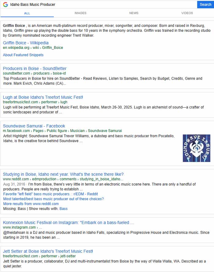 May 20, 2025 Google Search Results for Idaho Bass Music Producer