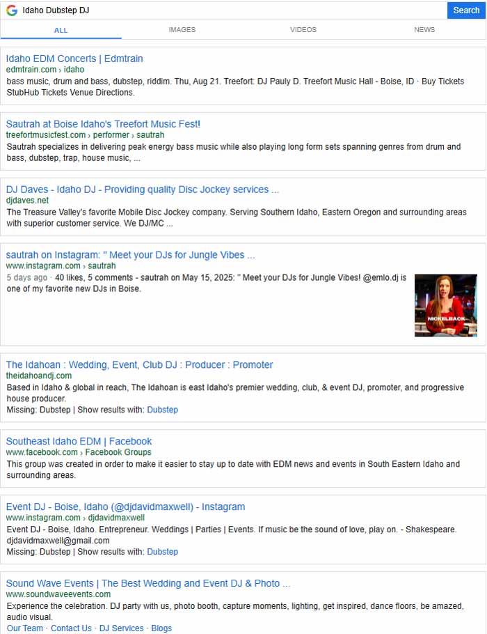 May 20, 2025 Google Search Results for Idaho Dubstep DJ