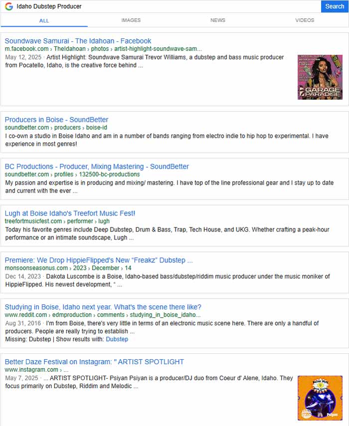 May 20, 2025 Google Search Results for Idaho Dubstep Producer