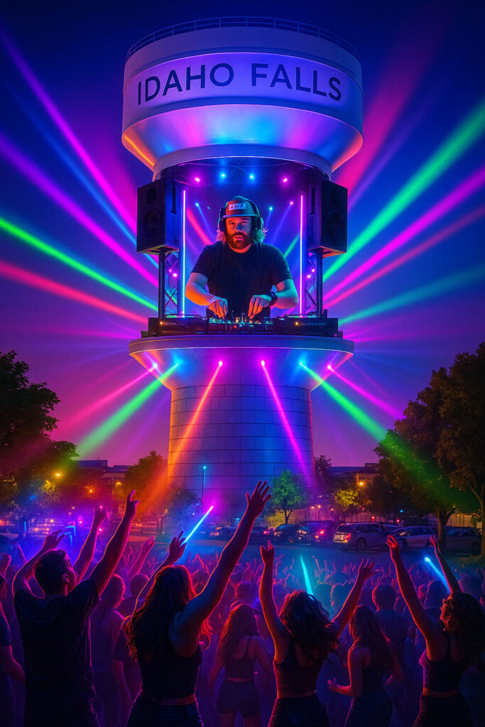 An AI generated image of the Idaho Falls Water Tower turned into a giant DJ booth with ravers dancing around it.