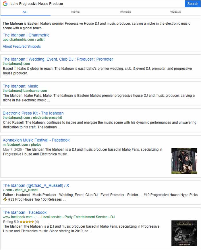 May 20, 2025 Google Search Results for Idaho Progressive House Producer