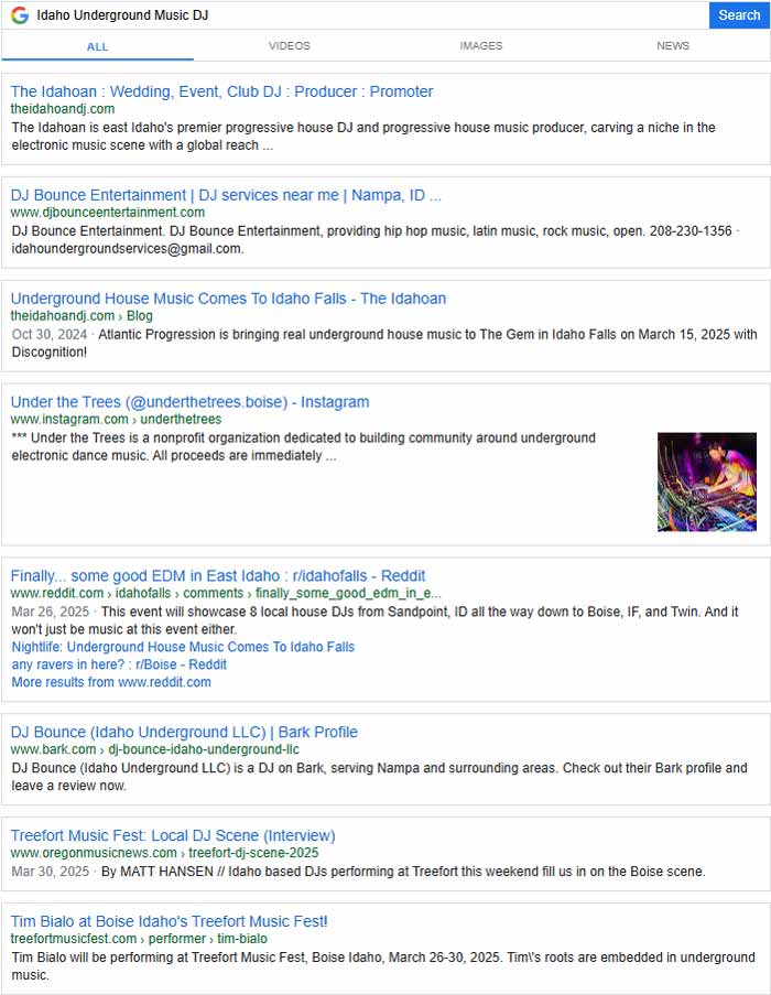 May 20, 2025 Google Search Results for Idaho Underground Music DJ