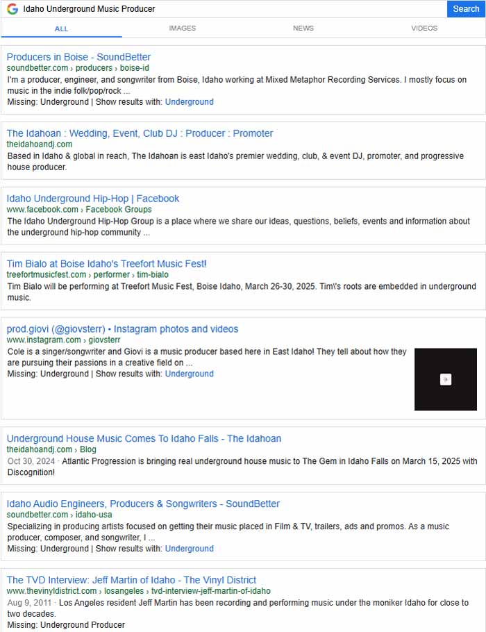 May 20, 2025 Google Search Results for Idaho Underground Music Producer