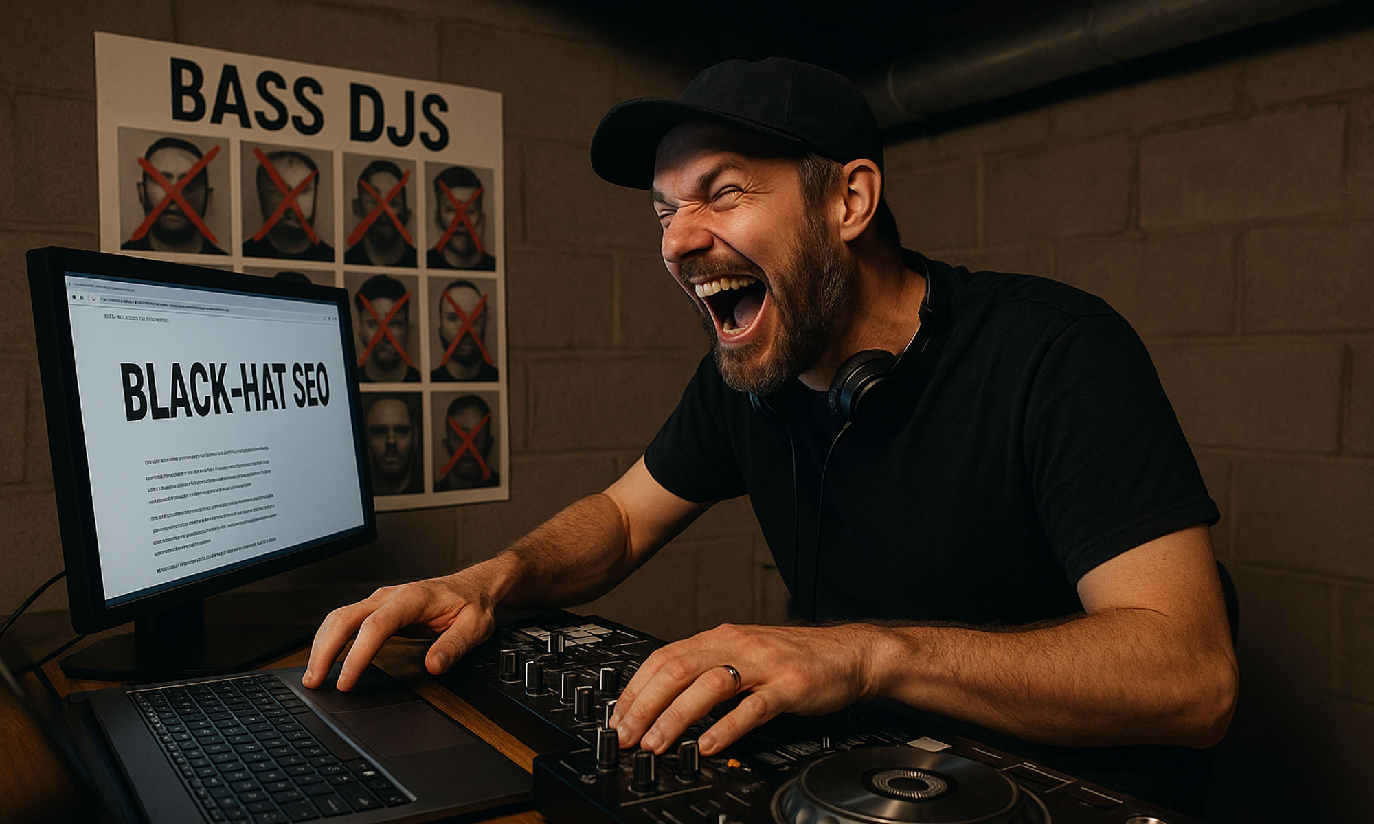 This is an AI created image of Idaho's Top Bass DJ and Bass Music Producer. It shows a progressive house DJ using SEO tactics to outrank Idaho's real bass DJs.