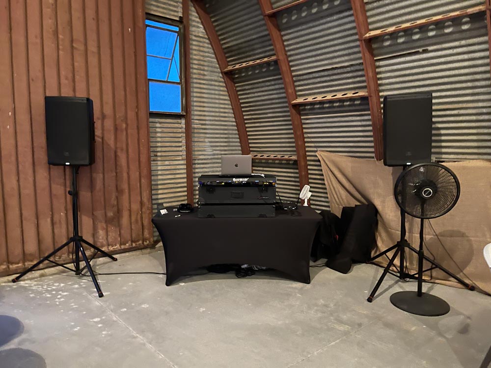 The Idahoan's basic DJ setup at a May 31st, 2025 wedding DJ gig in Challis, ID