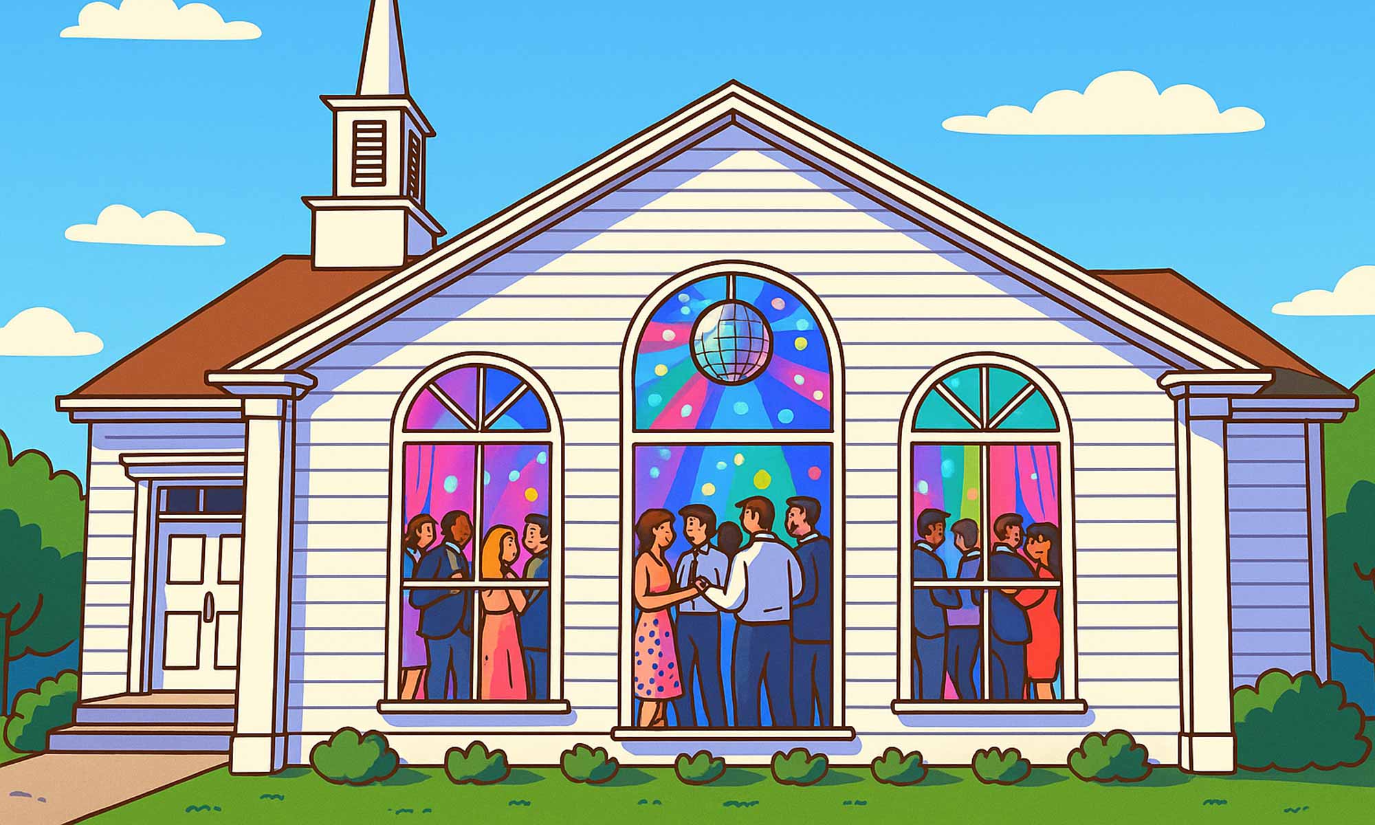 Image of a church building with a wedding party happening on Sunday - Sunday DJ service