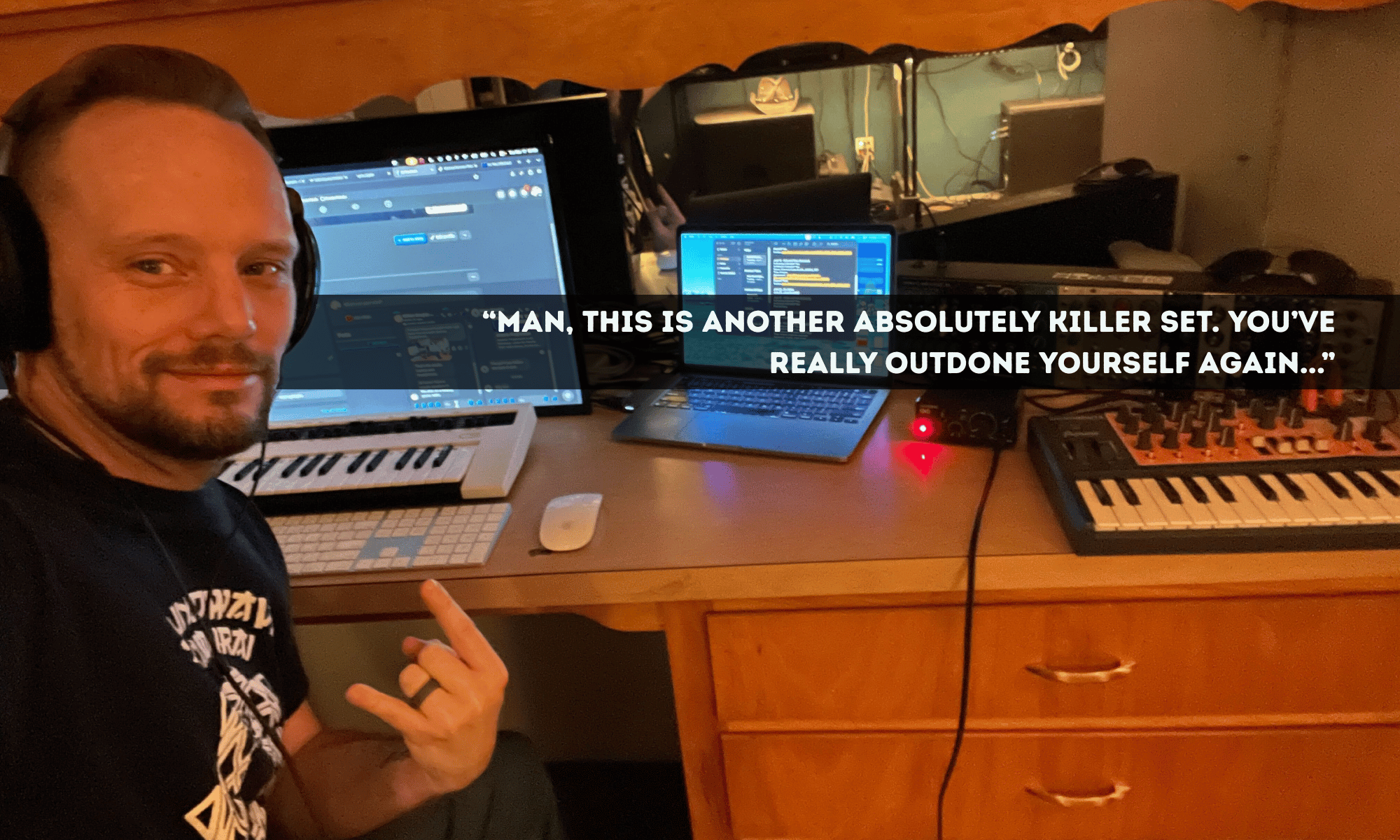 The Idahoan in his studio doing devil horns. There is a mysterious quote.